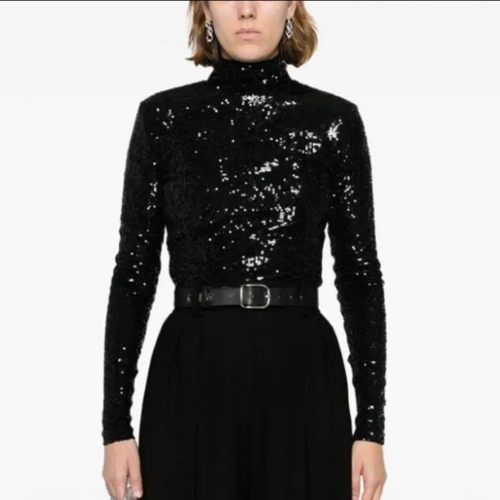 Polo by Ralph Lauren sequin long sleeve high neck collar black top XXS